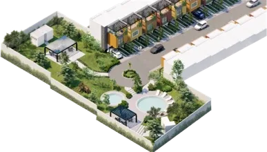 Aerial render of the Residencial del Lago masterplan with pool, green areas and homes